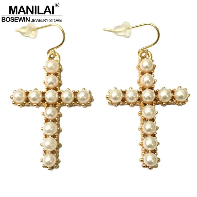 Manilai Imitation Pearl Cross Earrings For Women 2018 Golden Alloy Manilai Imitation Pearl Cross Earrings For Women 2018 Golden Alloy Tone Dangle Charm Jewelry