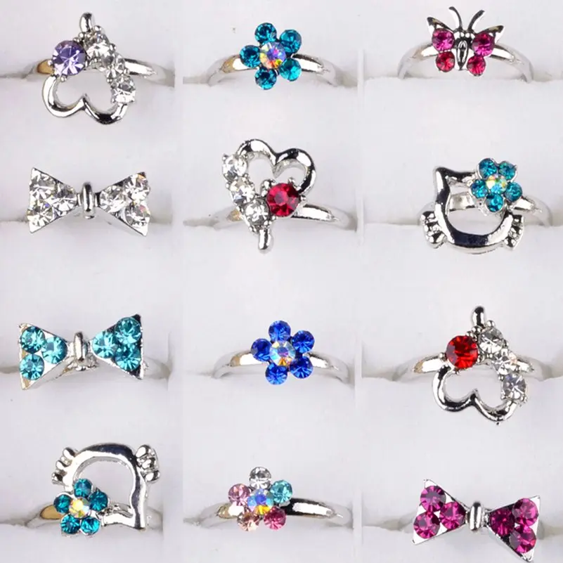 Wholesale Lot 5Pcs Silver Plated Assorted Design Crystal Ring Cute Kid