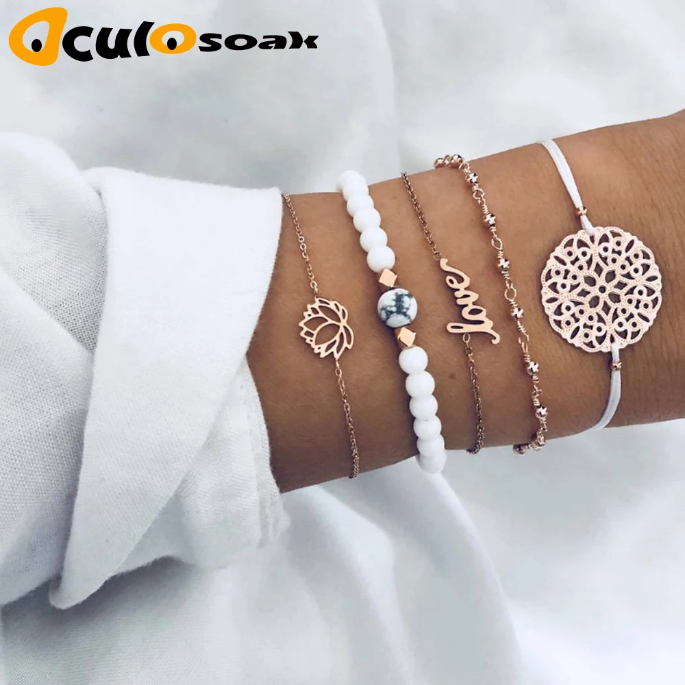 

5 Pcs/ Set Female Retro Map Heart Love Bead Round Gem Leather Chain Silver Bracelet Set Personality Girl Christmas Gift