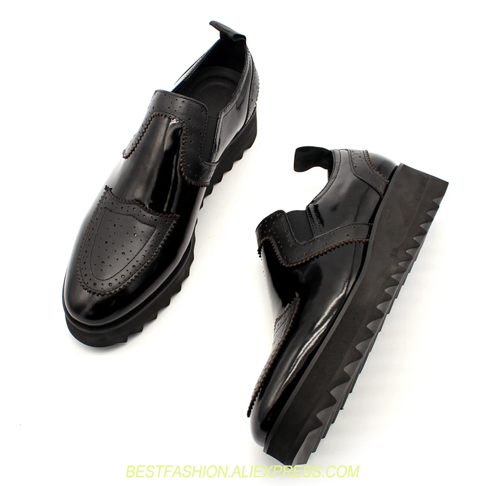 

European style black carved thick soled flat shoes men top quality cowhide leather slip on platform shoes height increasing shoe