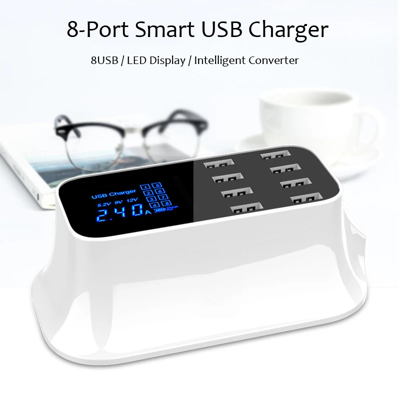 Quick Charge USB Charger For iPhone Xiaomi Samsung Tablet PC 8-Port Fast Charging Smart Charger Adapter Led Display Wall Charger