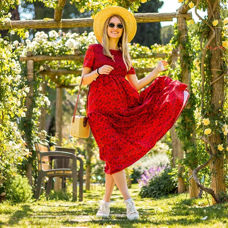 

GCAROL New Summer Women Floral Printed Long Dress High Waist Elastic Bust Ruffles Prairie Chic Maxi Dress Green Red Sweet Dress