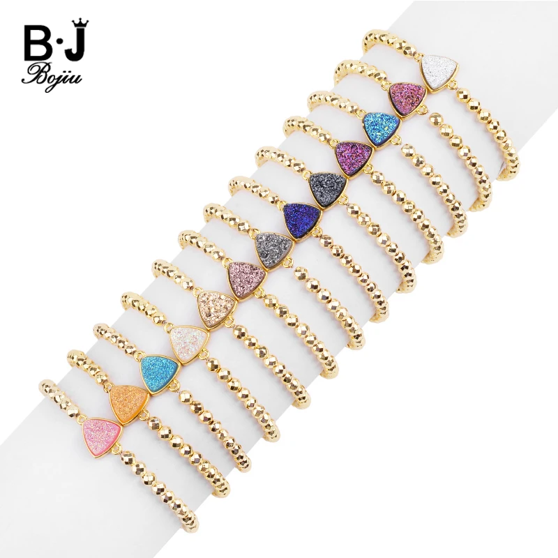 

Luxury Boho Gold Plating Small Hematite Beaded Bracelet Women Triangle Natural Druzy Stone Elastic Thread Bracelet Jewelry BC331