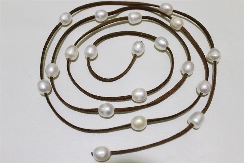 

handmade Dark Brown Leather long necklace white Freshwater pearl 48INCH 10x12mm Fashion Jewelry