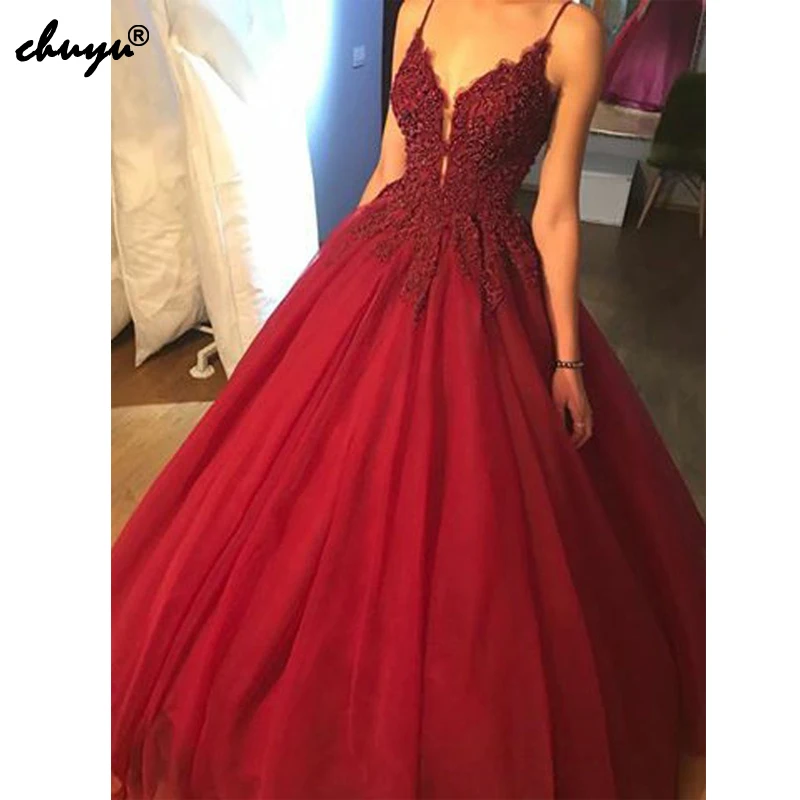 

Custom made Spaghetti Strap Burgundy Prom Dress Ball Gown Beadings Appliques Tulle Evening Formal Dress Long Gala Jurken-in Prom