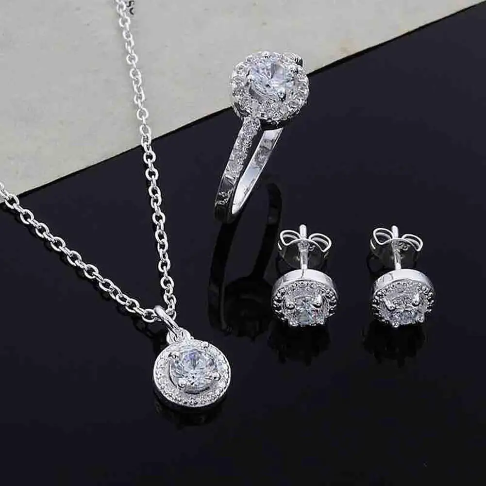 

Hot Sale Women Round Cubic Zirconia Necklace/ Stud Earring/ Ring Set Fashion Wedding Sterling Silver Jewelry Sets
