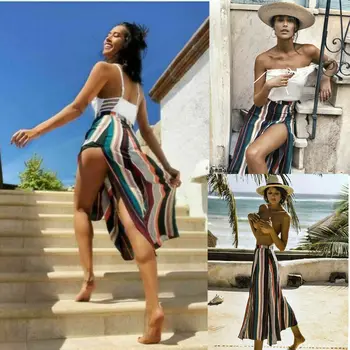 

Women Elastic Waist Split Gypsy Long Skirt Ladies Summer Casual Sexy Stripe High Waist Maxi Sundress