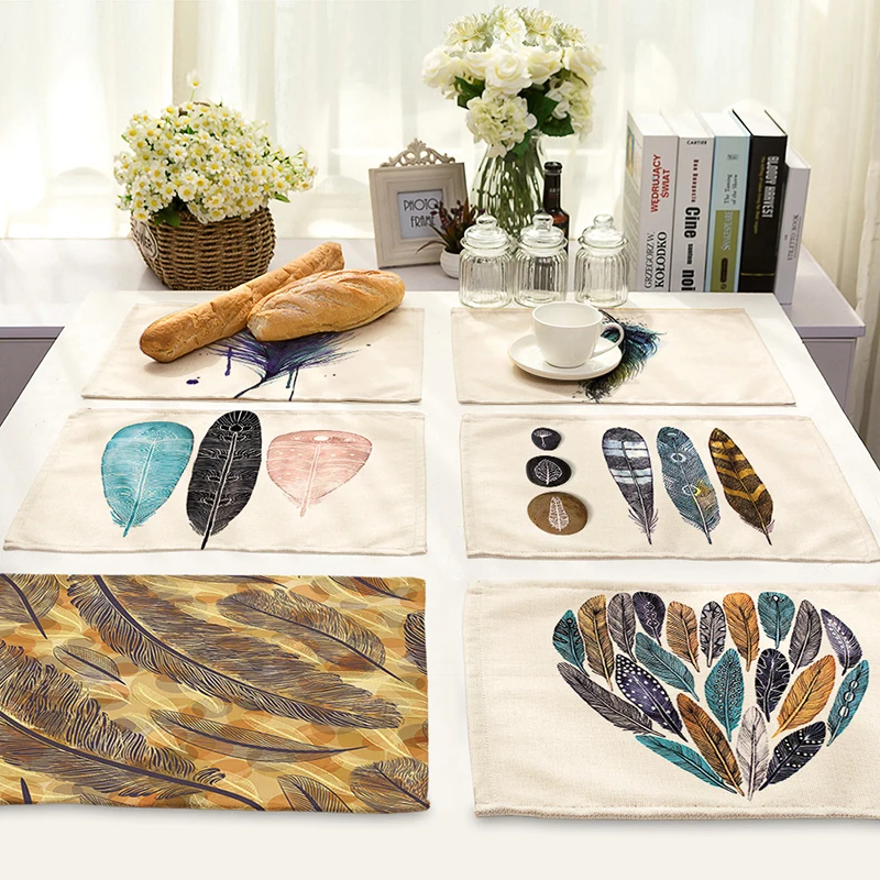 

1pcs Creative Feathers Pattern Placemat Cotton Linen Western Pad Insulation Dining Table Mat Bowls Coasters Kitchen Accessories