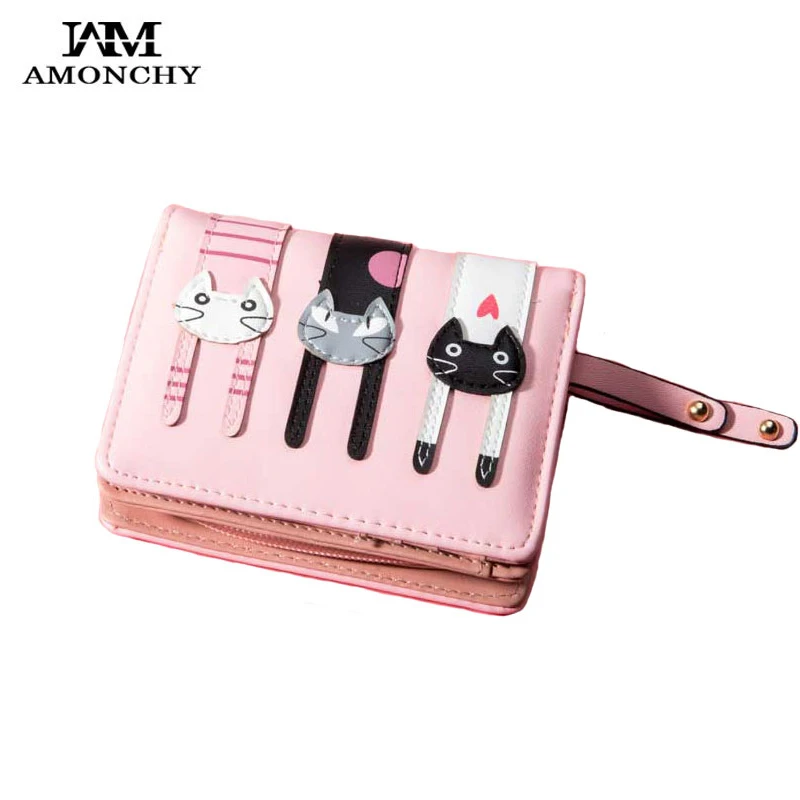 

AMONCHY Women Short Wallets Cute Colorful Kitty Female Purse Artificial Leather Cartoon Cats Wallet High Quality Girl Coin Purse