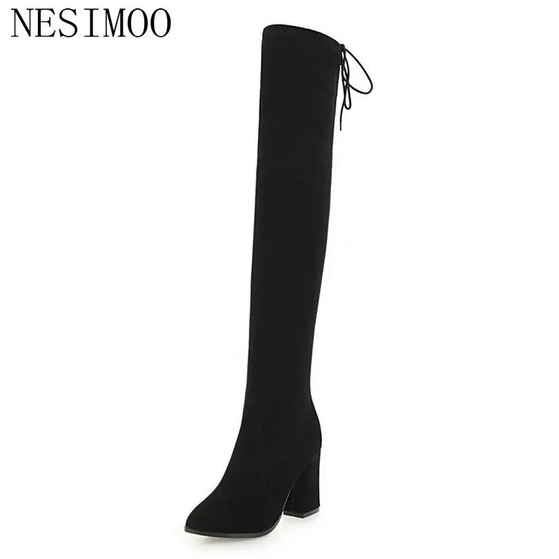

NESIMOO 2019 Women Shoes Over The Knee Boots Hoof High Heel Pointed Toe Zipper+Lace Up Black Ladies Motorcycle Shoes Size 34-43