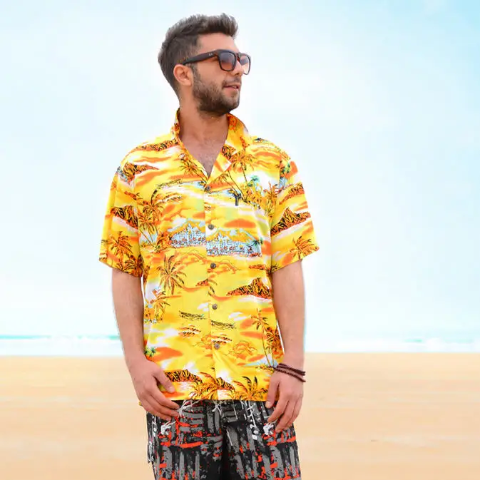 Гавайская летняя брендовая Новая мужская Повседневная рубашка с коротким рукавом, мужская пляжная гавайская рубашка с цветочным принтом, размер США, A854 - Цвет: yellow