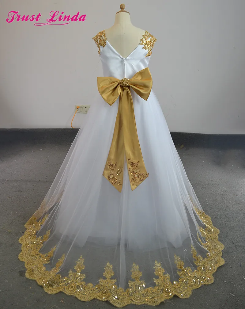 Романтический линия золото Шнуровка с бантиком Бисер блестками О-образным вырезом на свадьбу для девочек платье с цветочным узором для