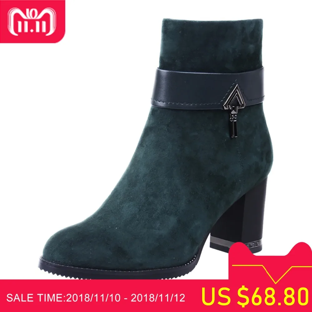 

MARHEE 2018 Winter Genuine Leather Black Red Green Mid-Calf Boot Women Shoes Sheepskin 7.5cm Block High Heels X249-T514