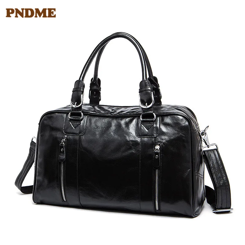 

PNDME Men's business genuine leather travel tote first layer leather shoulder travel Women's luggage bag