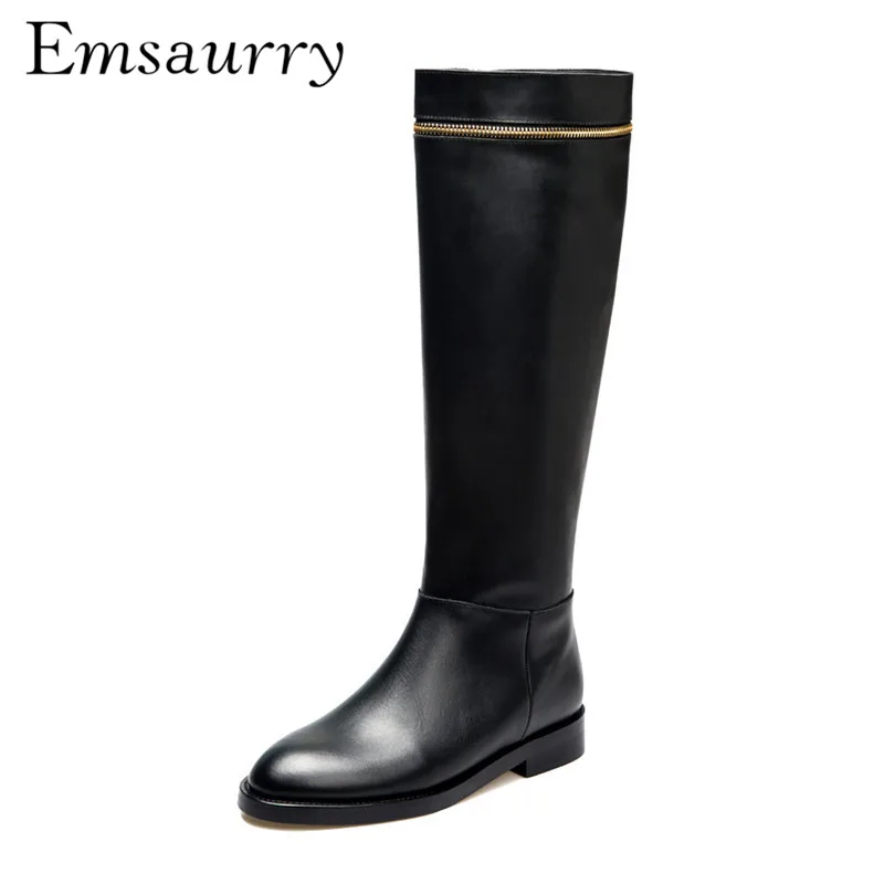

Black Genuine Leather Knee High Boots Women Side Zipper Square Heel Round Toe Knight Boots Runway Botas Mujer