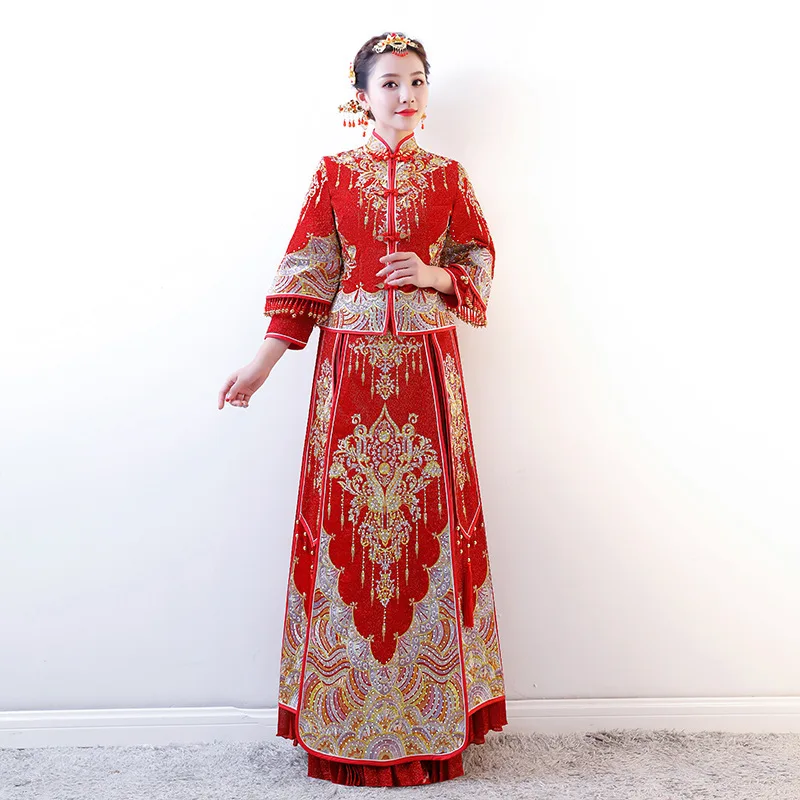 Китайский красный одежда с отделкой из бусин шоу осень невеста, свадебное платье женской моды узор Феникс цветок сучжоуская вышивка