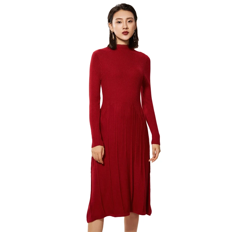 

Women Cashmere Wool blended Dresses Half High Collar Long Winter Dresses Women 2019 Knitted Mid-Calf Length Pleated Wool Dresses