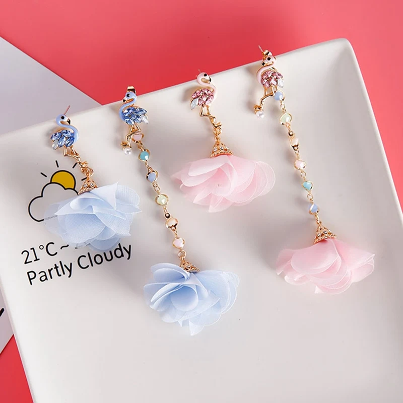 

New Rhinestones Birds Drop Earrings Pink Blue Chiffon Flowers Crystal Long Short Asymmetric Elegant Earrings Women Jewelry