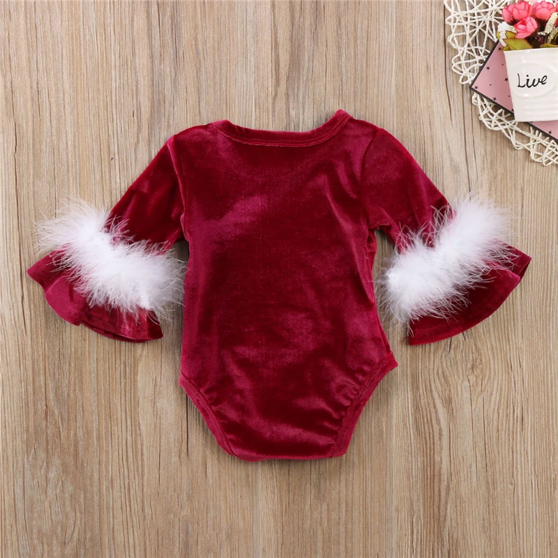 Теплый бархатный комбинезон для маленьких девочек; Рождественская одежда; детский меховой комбинезон с принтом «Клаус» для маленьких девочек; новогодний Jumpasuit; зимняя одежда для малышей