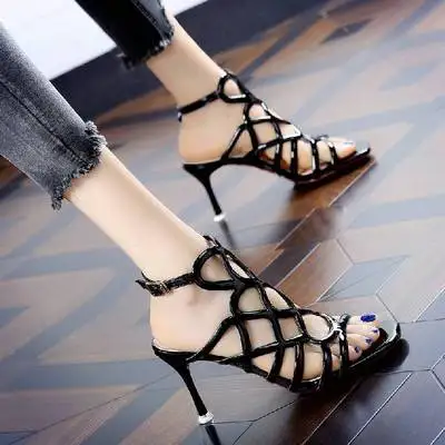 

Open toe high heels 2019 summer Roman patent leather stiletto banquet sandals women