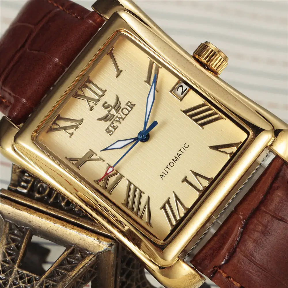 SEWOR Top Brand Luxury Men Watches Gold Rectangle Automatic Mechanical