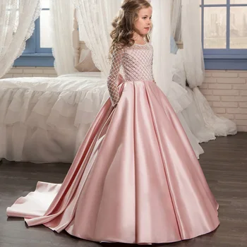 

Caustom made mesh full sleeve children diamond lace classic bow Ball Gown Lace girls party ball gown dress train