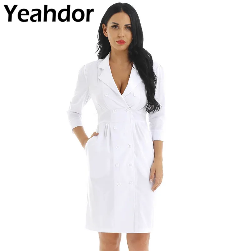 

Women Adult Medical Costume Uniforms Lapel Collar 3/4 Sleeve Scrubs Lab Medical Nurse Doctor Uniform Dress Lab Role Play Dress