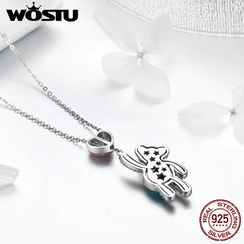 WOSTU, высокое качество, 925 пробы, серебро, ослепительные медведи и чокер с подвеской в форме сердца, ожерелье для женщин, девушек, хорошее ювелирное изделие, подарок FIN271