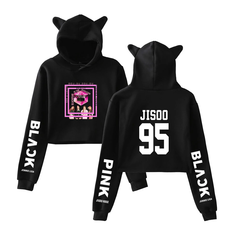Kpop Blackpink القط الأذن هوديس البلوز النساء المحاصيل أعلى البلوز البلوفرات مثير فتاة Fasion الترفيه عارضة البلوز Kpop Blackpink القط الأذن هوديس البلوز النساء المحاصيل أعلى البلوز البلوفرات مثير فتاة Fasion الترفيه عارضة البلوز