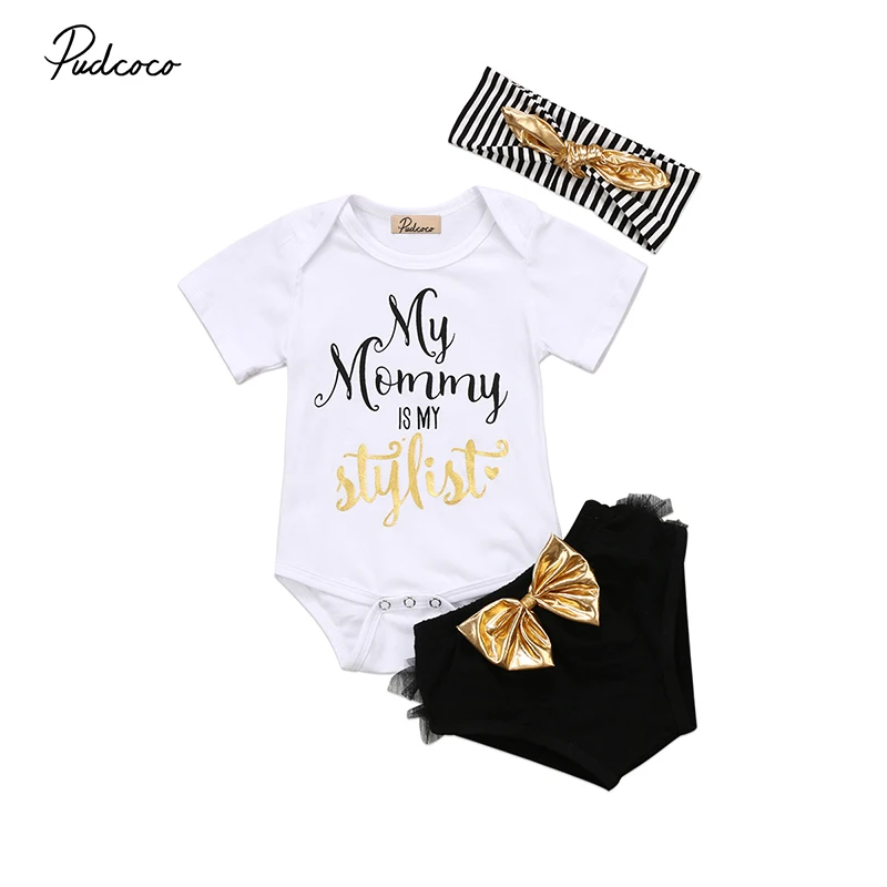 3PCS Set My Mommy is My Stylist Newborn Baby Girl Clothes Short Sleeve