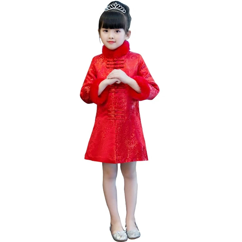 

Children Autumn Long Sleeve Baby Cheongsam Birthday Party Dresses Flower Girl Qipao Red Tang Costume Thickening New Year Dress
