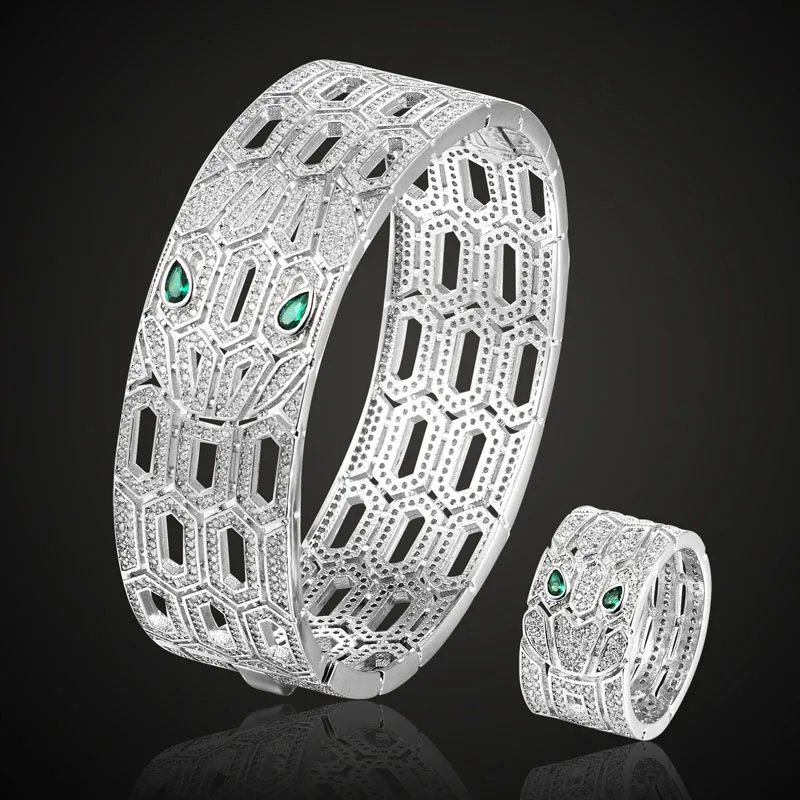 

Big Green Eye Cubic Zircon Snake Bangles and ring Jewelry Sets for Women men Party Accessories cubic Zirconia Bangle&Anel Aneis
