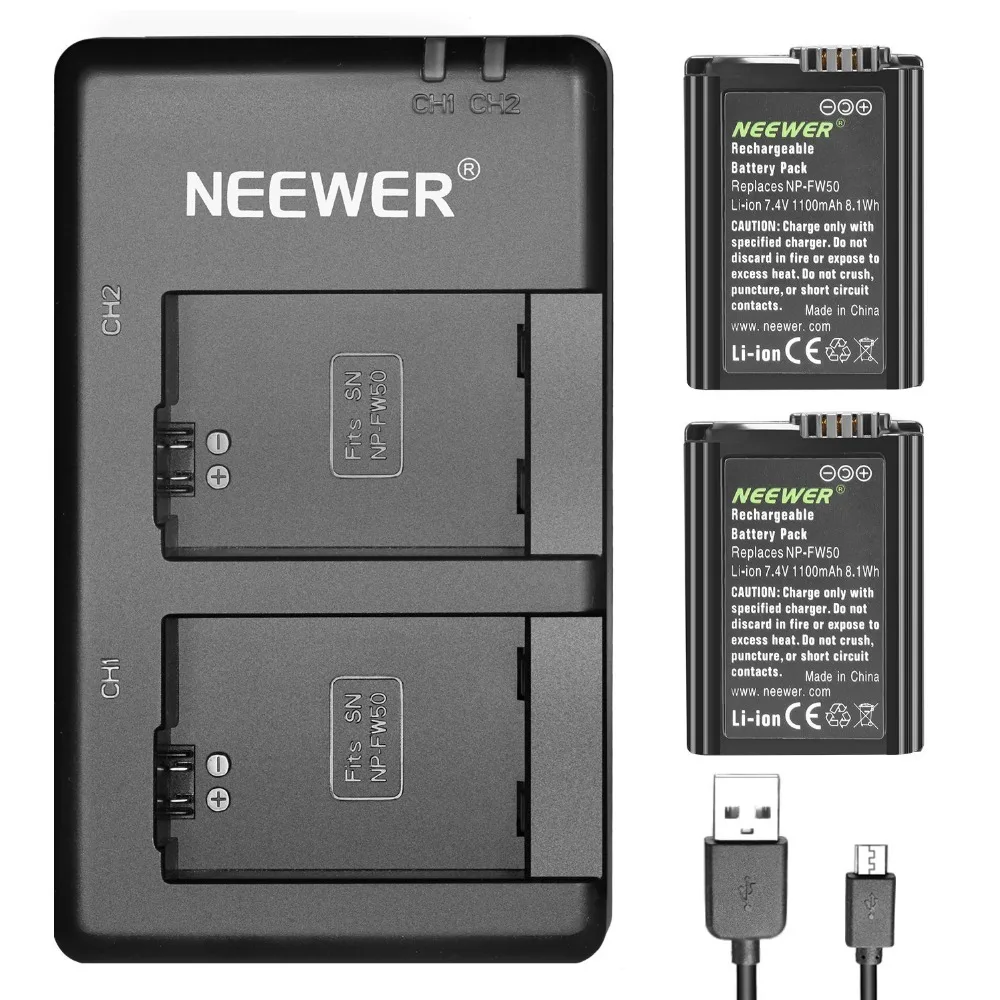 Neewer NP-FW50 зарядное устройство для камеры Набор для sony(2-Pack сменные батареи, 1100 mAh, микро USB вход двойное зарядное устройство