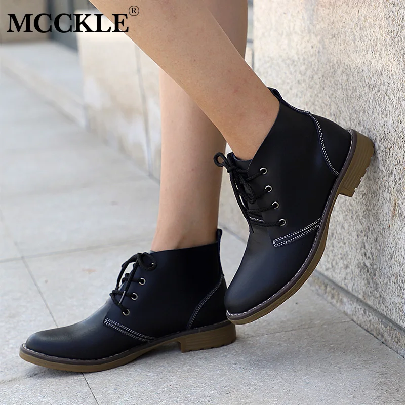 Vente MCCKLE Femme De Mode En Cuir Véritable Moto Cheville Bottes Femme À Lacets Talons Bas Plate Forme Confortable Printemps Automne Chaussures