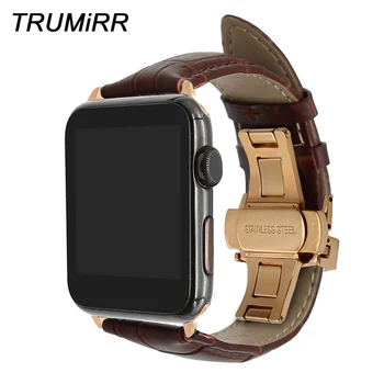 

Genuine Calf Leather Strap for iWatch Apple Watch 38mm 40mm 42mm 44mm Series 5 4 3 2 1 Watchband Butterfly Buckle Wrist Band