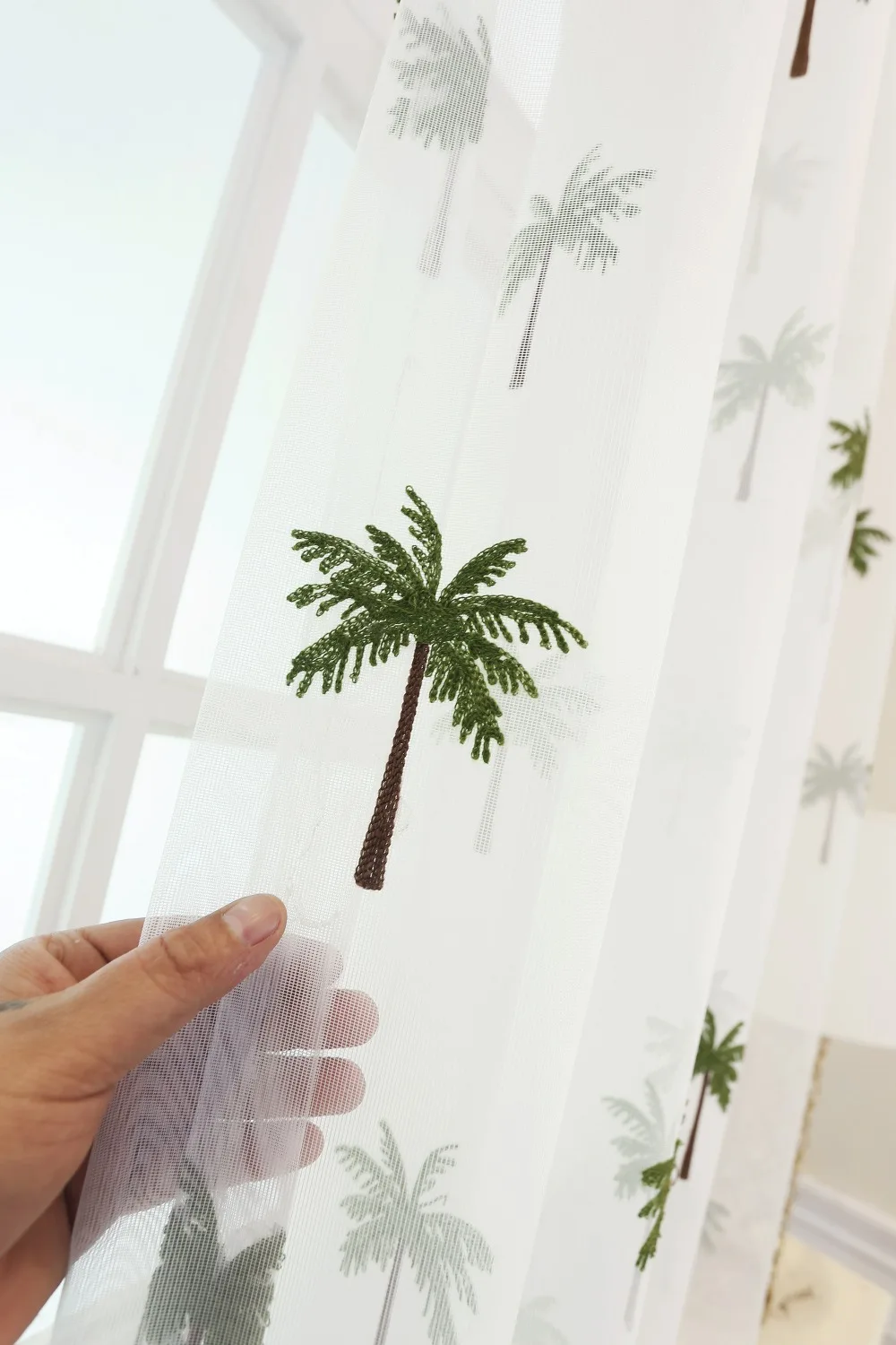 Simple Modern Coconut Tree Screen Embroidery Sheer Voile Window Drapes for Living Room Door Lace Curtains A966 (10)