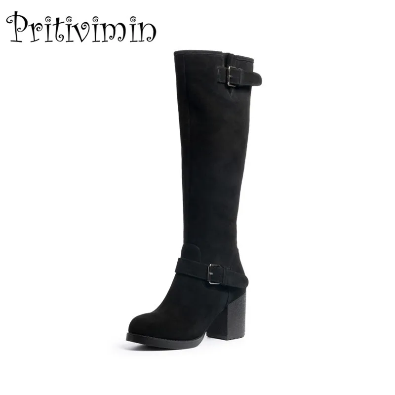 2018 new Ladies winter warm lined boots women botas mujer shoes cow suede black thick high heels antiskid pritivimin FN107 | Обувь