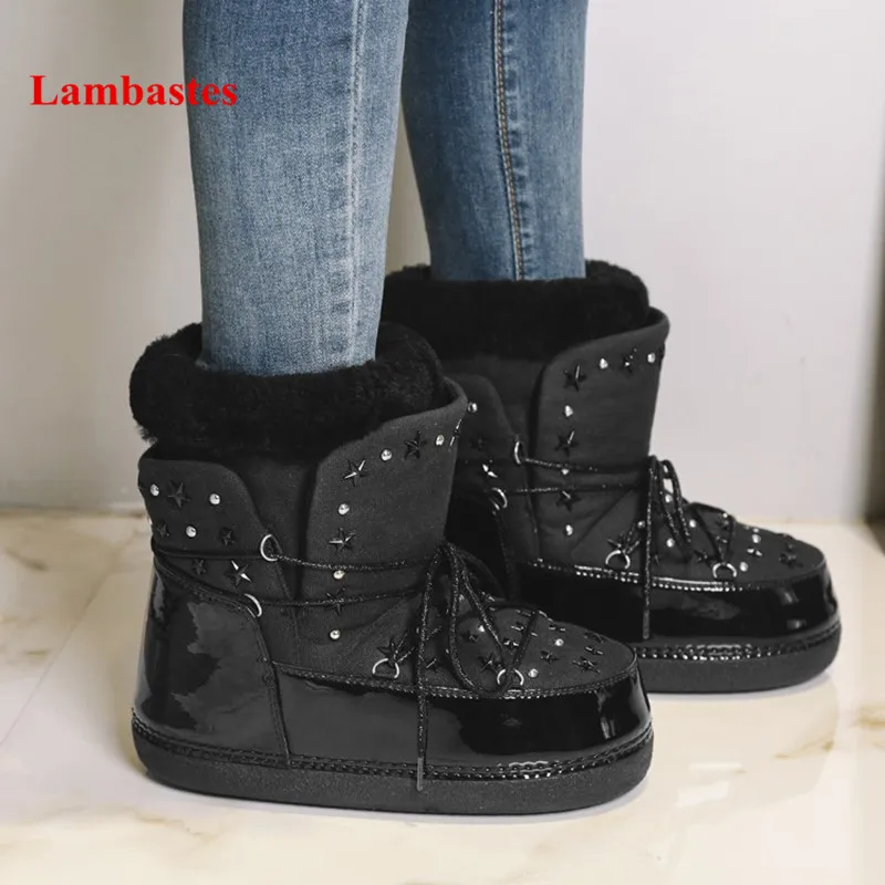 

2018 Winter Ankle High Snow Boots Women Black Star Rivets Embellished Lace Up Boots Female Cross-tied Wool Warm Flats Bottines