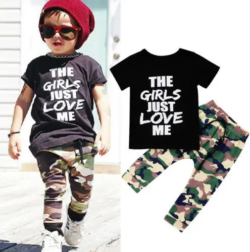 

Toddler Kids Baby Boys Summer Fashion Cool Casual Letter Print Camouflage Black Tops T-shirt Camo Pants Outfits Sets Clothes