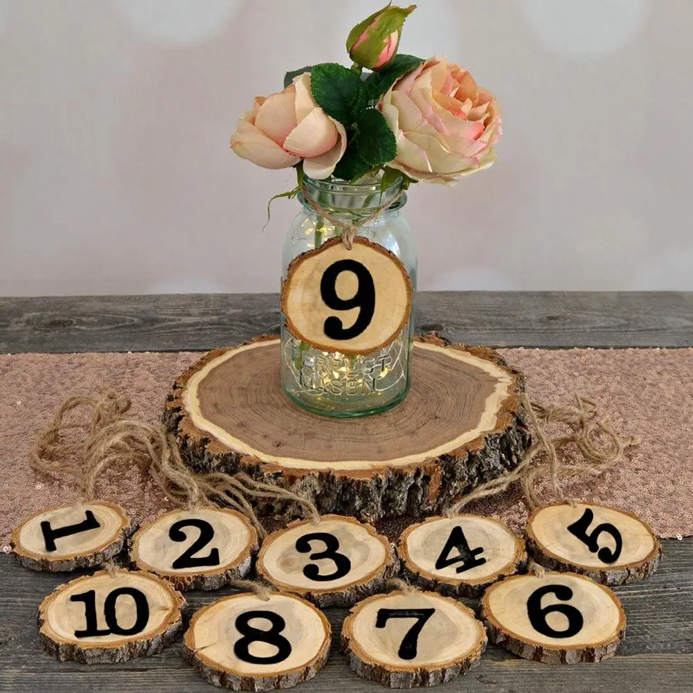 

MeterMall 10Pcs Wooden Tree Slice DIY Wedding Table 1-10 Number Hanging Tags