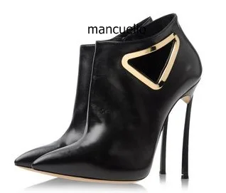 

Sexy Black PU Leather Pointed Toe Thin High Heels Short Boots Stylish Women Triangle Metal Hollow-out Decoration Ankle Boots