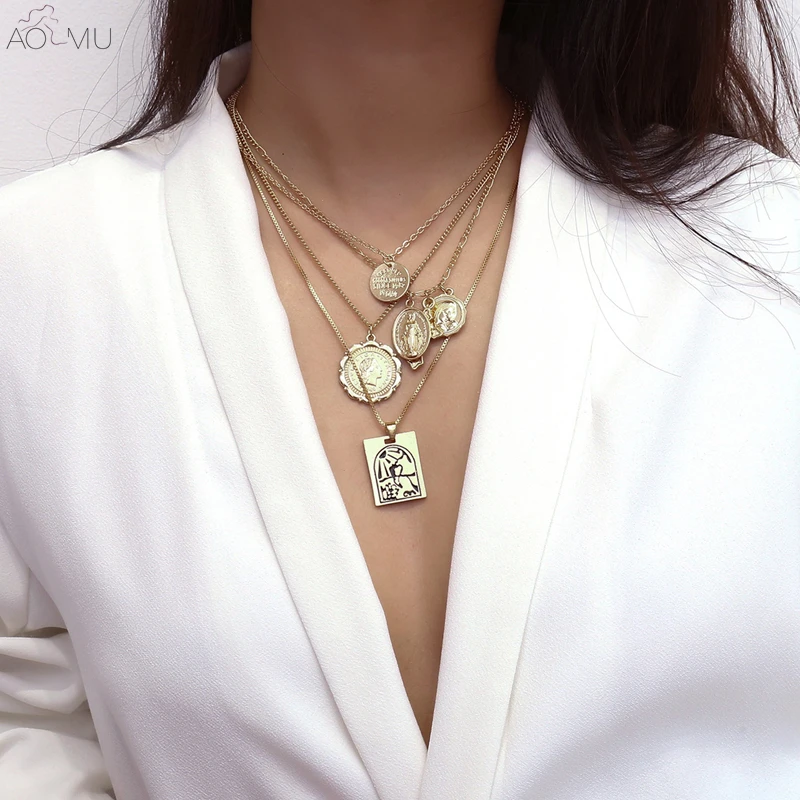 

AOMU 4pcs/set 2019 Vintage Multilayer Round Embossed Human Head Coin Jesus Virgin Mary Chain Pendant Necklace for Women Jewelry