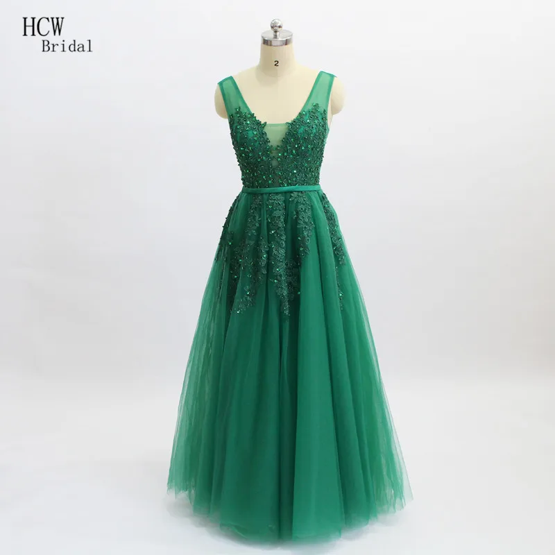 

Hot Selling Long Green Evening Dress V Neck Backless A Line Lace Tulle Formal Gowns For Women Evening Party Dresses Abendkleider