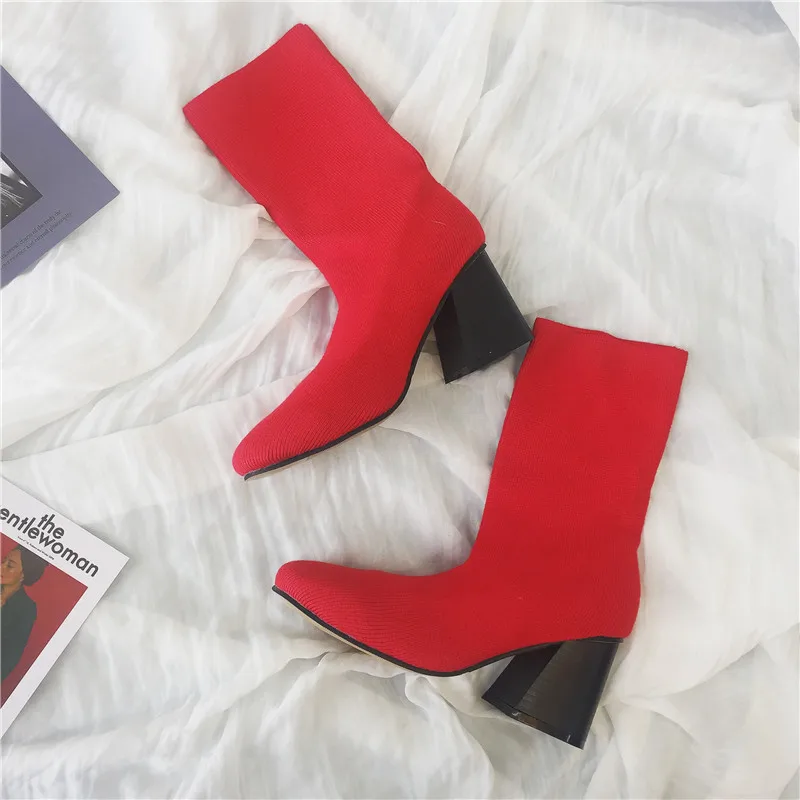 

2019 autumn and winter European and American middle boots knitted thick with elastic women's boots red 0216