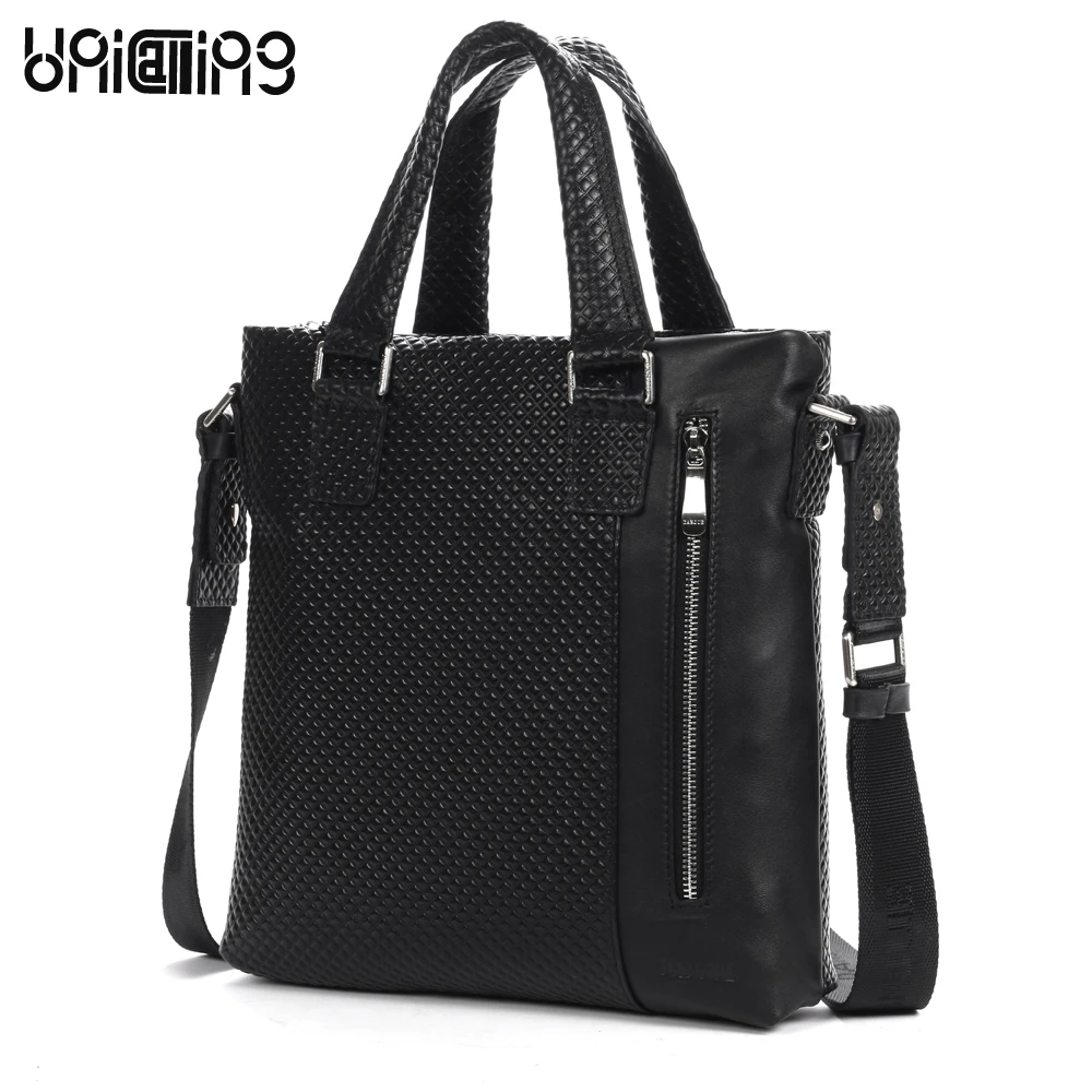 

UniCalling quality plaid embossing fashion vertical men leather handbag casual genuine leather shoulder bag hot style man bag