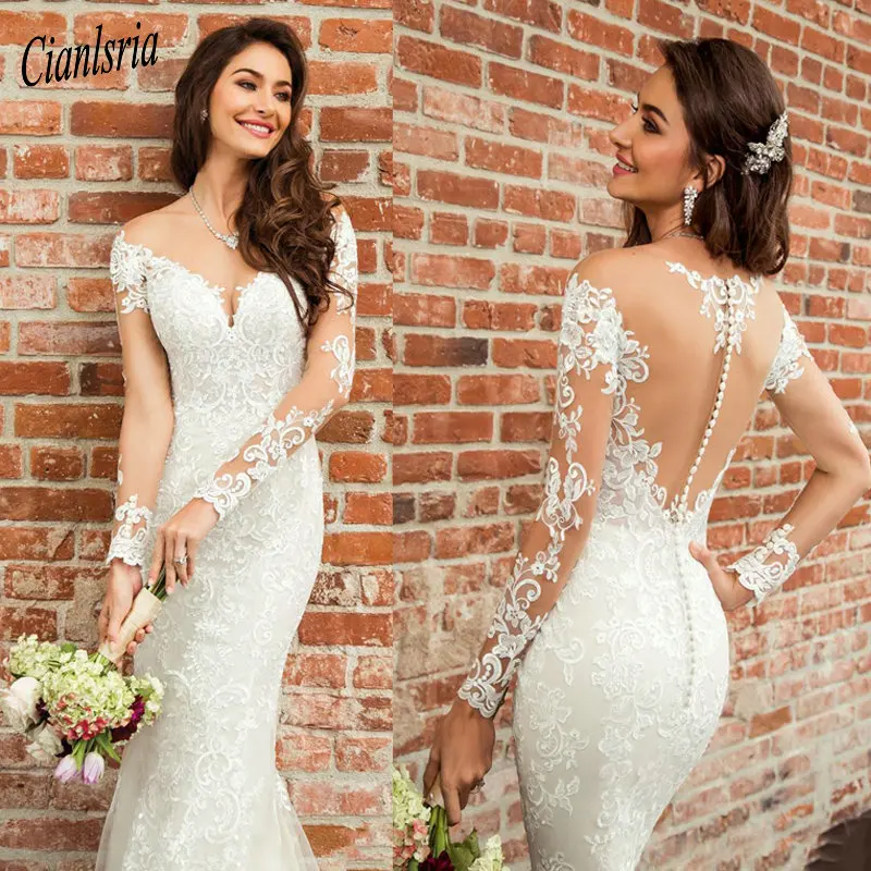 

2019 Princess Mermaid Wedding Dress Long Sleeves Appliqued Tulle Buttons Back Boho Wedding Gown Long Train Bride Dress