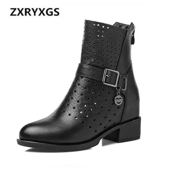 

New Breathable Hollow White Black Cowhide Leather Boots 2019 New Fashion Decoration Women Boots Non-slip Comfort Casual Shoes
