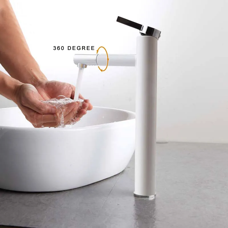 

High Quality Black & white Tall Copper Brass Bathroom Basin Faucet Black Plate Single Handle Sink Mixer Tap Hot and Cold Water
