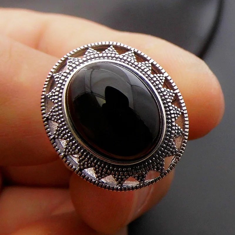 FNJ 925 серебряное круглое кольцо марказит черный красный камень чистый S925 чистое серебро кольца для женщин ювелирные изделия регулируемый размер