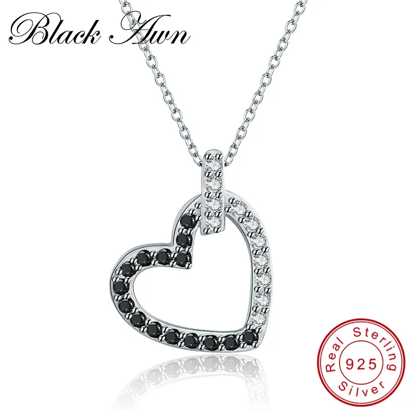 

[BLACK AWN] 925 Sterling Silver Jewelry Black Spinel Eternity Heart Vintage Necklace for Women Pendants Silver 925 Jewelry P185